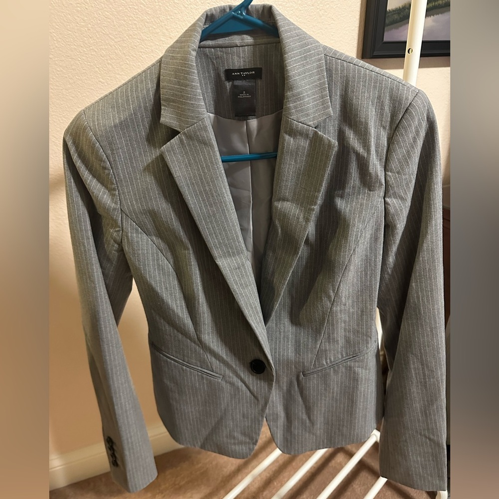 Ann Taylor Gray Pinstripe Blazer and Pant Set